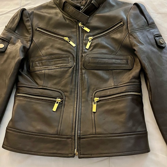 bebe Dark Brown Leather Jacket with Gold Accents - Picture 1 of 11